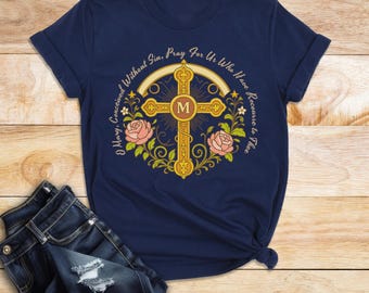 Marian Catholic T-Shirt, Virgin Mary T-shirt, Catholic Gifts For Women, Catholic T-shirt, Marian Cross Shirt, Floral Women Religious Shirts