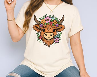 Highland Cow T-Shirt, Cow Shirt, Cow with Flowers Tshirt, Funny Cow Shirt, Farm Tee, Boho T-shirt, Country Farm Shirt