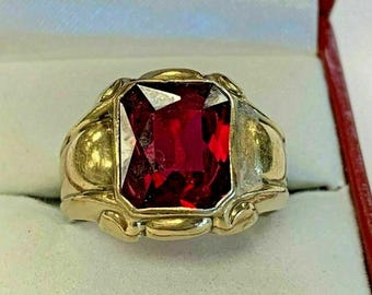 Vintage Mens Ruby Ring,Emerald Cut Red Gemstone Statement Ring for Men,14k Gold Plated Signet Ring,Antique Art Deco Band,Husband Gift