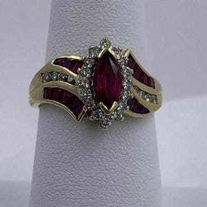 Vintage Marquise Ruby & Diamond Cocktail Ring in 14K Gold Plated,Anniversary Statement Ring for Women,Channel Set Baguette Ruby Wedding Band