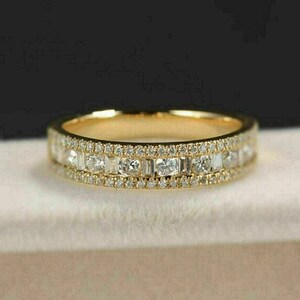 Vintage Style 14K Gold Plated Band Ring,Baguette Diamond Wedding Ring,Pave Set Round Diamond Alternating Eternity Ring,Dainty Stacking Ring