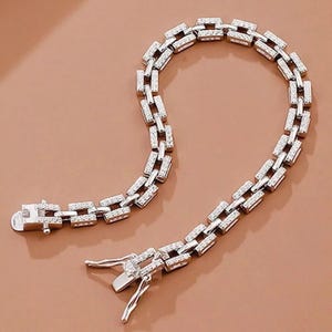 May include: A silver bracelet with a rectangular link design, encrusted with small, sparkling stones. The bracelet is unclasped, revealing the clasp mechanism. The jewelry is displayed against a warm, neutral background.
