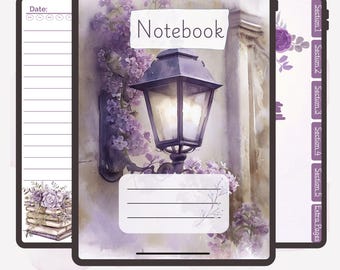 Cuaderno digital floral de acuarela lila / Planificador PDF imprimible con hipervínculos (descarga digital)