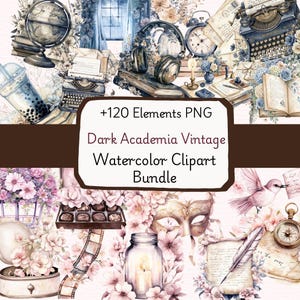 Puede incluir: Una colección digital de ilustraciones en acuarela con objetos vintage como máquinas de escribir, globos terráqueos, relojes, libros, máscaras y arreglos florales. El texto central dice +120 Elements PNG Dark Academia Vintage Watercolor Clipart Bundle.
