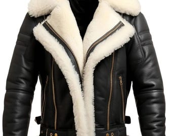 Men’s Black Shearling Leather Jacket – B3 Aviator Bomber Pilot Flying Coat, Sheepskin Winter Motorcycle Jacket