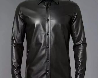 Men's Black Faux Leather Shirt: Shiny Button-Up Party Top