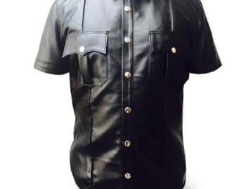 Men's Faux Leather Uniform Shirt: Gothic Punk Clubwear