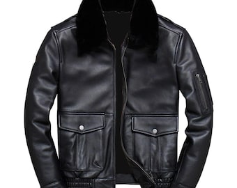 Men's Black Leather Bomber Jacket: Vintage Aviator Style with Fur Collar