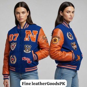 Chaqueta universitaria personalizada con mangas de cuero: chaqueta Letterman personalizada, chaqueta bomber universitaria azul y naranja.