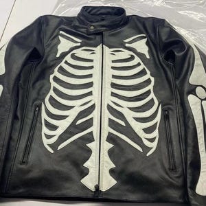 Men&#39;s Black Skeleton Biker Jacket | Cowhide Leather Gothic Halloween Costume | Punk Rock Streetwear | Bone Print Jacket Gift For Halloween