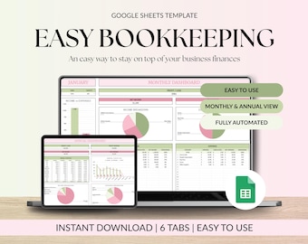 May include: A digital bookkeeping template displayed on a laptop and tablet. The template features a pink and green color scheme with charts and graphs. Text includes "EASY BOOKKEEPING", "Easy to Use", and "Instant Download".