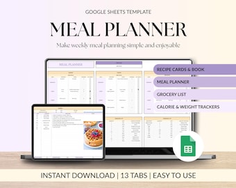 Meal Planner Spreadsheet Google Sheets Recipe Journal Grocery List Food Inventory Calorie Tracker Weight Loss Tracker Printable Template