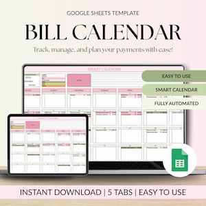 Calendário de contas, rastreador, planejador inteligente, planilhas do Google, calendário de contas, organizador de pagamento de cheques de pagamento