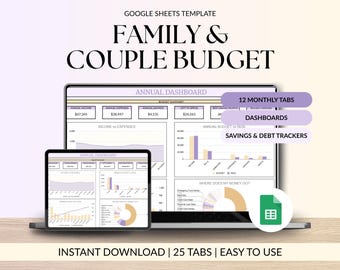 May include: A digital financial template for family and couple budgeting, displayed on a laptop and tablet. The design features charts, graphs, and the text "Family & Couple Budget." Includes "12 Monthly Tabs," "Dashboards," and "Savings & Debt Trackers."