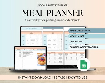 Weekly Meal Planner Google Sheets Grocery Shopping List Spreadsheet Recipe Builder Pantry Journal Calorie Tracker Food Prep Template