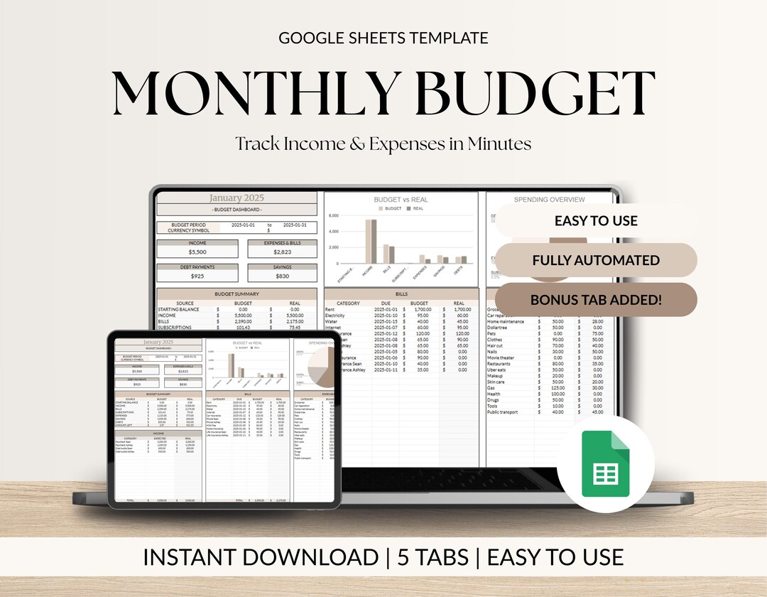Monthly Budget Planner Google Sheets Template Simple Budget Spreadsheet ...