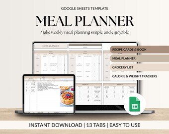 Weekly Meal Planner Spreadsheet Google Sheets Recipe Journal Calorie Tracker Automatic Grocery List Food Inventory Weight Loss Tracker