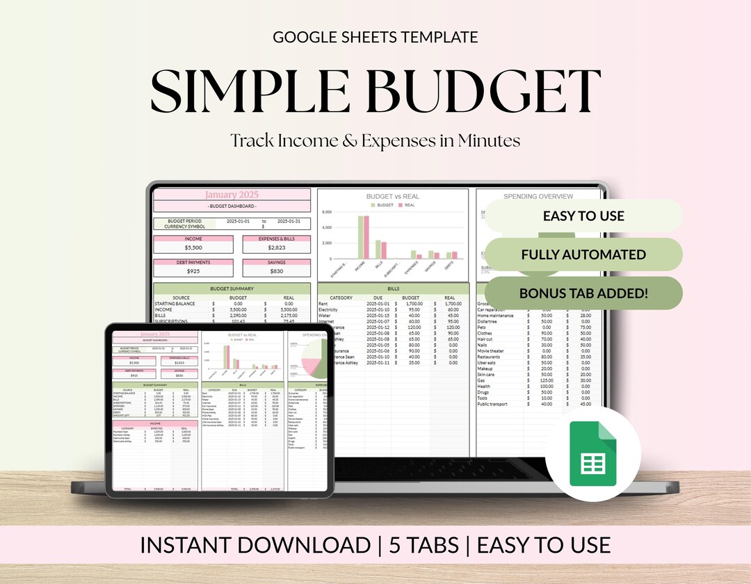 Google Sheets Simple Budget Template Monthly Budget Planner Spreadsheet ...