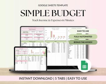 Può includere: Un modello di budget digitale visualizzato su un laptop e un tablet. Lo schermo mostra un foglio di calcolo con dati finanziari, grafici e il testo "SIMPLE BUDGET". Il testo aggiuntivo include "Track Income & Expenses in Minutes", "EASY TO USE" e "INSTANT DOWNLOAD".
