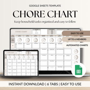 Op de afbeelding: Een digitale takenlijstsjabloon weergegeven op een laptop en tablet. De tekst "CHORE CHART" staat prominent weergegeven, samen met de zinnen "EASY TO USE" en "UP TO 6 MEMBERS". De afbeelding bevat ook de tekst "INSTANT DOWNLOAD | 6 TABS | EASY TO USE".
