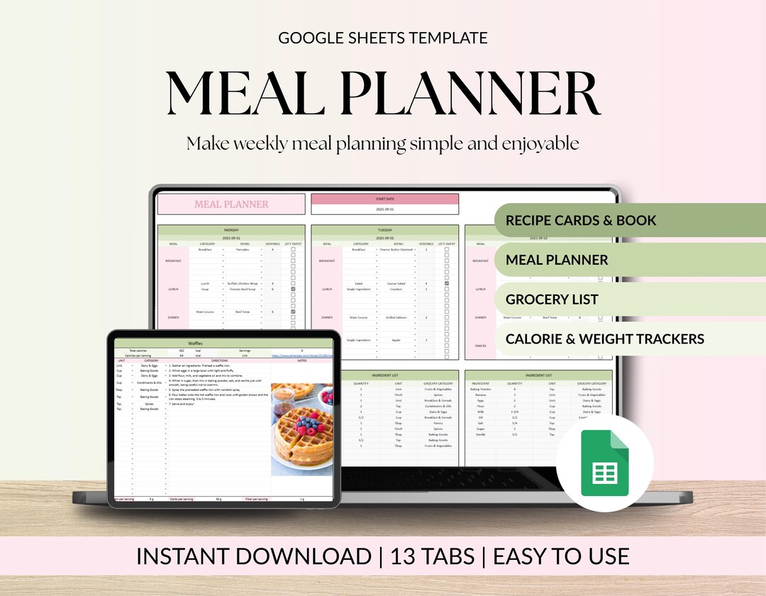 Weekly Meal Planner Google Sheets Recipe Journal Grocery List ...