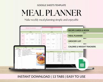 Weekly Meal Planner Google Sheets Recipe Journal Grocery List Spreadsheet Calorie & Weight Loss Tracker Food Inventory Digital Template