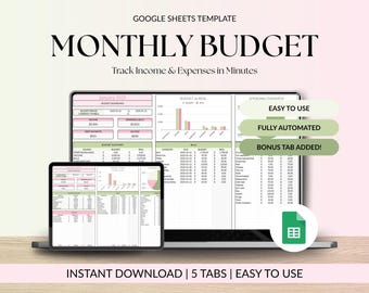 Può includere: Un modello di budget mensile digitale visualizzato su un laptop e un tablet. Lo schermo mostra un foglio di calcolo con dati finanziari, grafici e il testo "MONTHLY BUDGET". Il testo aggiuntivo include "Track Income & Expenses in Minutes" e "INSTANT DOWNLOAD".