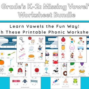 Puede incluir: Un paquete de hojas de trabajo de fonética imprimibles para los grados K-2, diseñadas para enseñar las vocales de forma divertida. Las hojas de trabajo presentan ilustraciones coloridas y ejercicios para completar. La imagen incluye el texto "Learn Vowels the Fun Way! With These Printable Phonic Worksheets!"