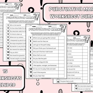 Peut inclure: Un ensemble de 15 feuilles d'exercices sur les signes de ponctuation. Chaque feuille de travail propose des phrases avec des espaces pour les points, les points d'interrogation ou les points d'exclamation. Pour l'écriture en 1ère année.