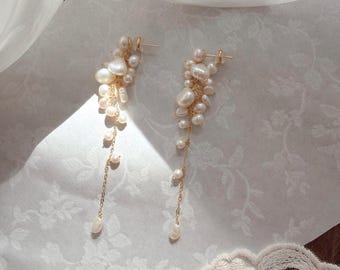 Freshwater Pearl Cascade Earrings, Gold Drop, Handmade Romantic Bridal Statement Jewelry