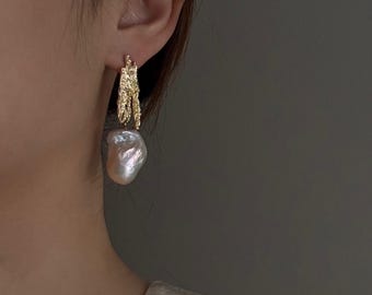 Sculptural Chunky Baroque Pearl Drop Earrings: Artisan Crafted Bridal Jewelry