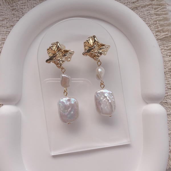 Baroque Pearl Drop Earrings: Sculptural Gold Studs, Elegant Bridal Jewelry