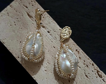 Handmade Baroque Pearl Dangle Earrings: 18K Gold Vintage, Seed Pearl, Statement Bridal Earrings
