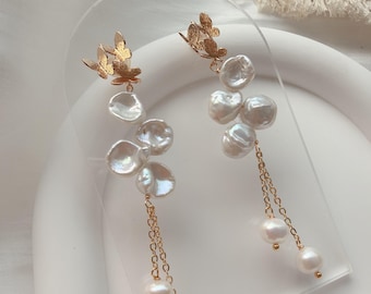 Barock Perle Schmetterling Ohrringe, Süßwasser Perle Tropfen Ohrringe, Vergoldetes Braut Ohrringe, Handgemachtes Hochzeit Romantisches Geschenk Für Sie