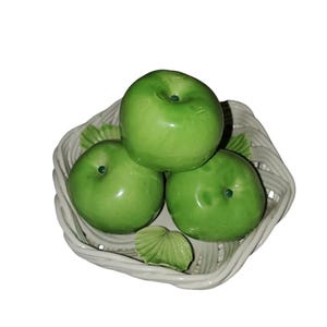 Vintage ceramic white woven basket with green apples, Made in Italy