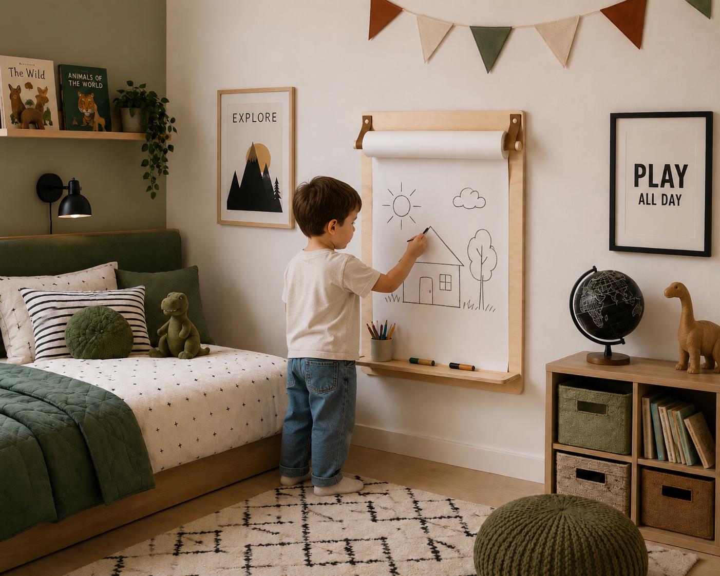 Kids Art Station for Home with Built In Storage Shelf & Paper Roll Dispenser Wall Mounted Drawing Board for Toddlers
