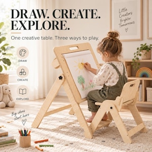 May include: A light-colored wooden activity table and chair set featuring an adjustable easel with a paper roll. The text reads: DRAW. CREATE. EXPLORE. One creative table. Three ways to play. Little Creators Brighter Tomorrows. Big ideas start here.