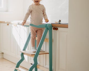Wooden Toddler Step Stool, Montessori Kitchen Helper Tower, Safety Rail