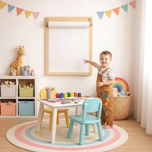 Peut inclure: Une salle de jeux pour enfants avec une table blanche et deux chaises, une jaune et une bleue. Un tableau blanc est accroché au mur. Un tapis coloré, une girafe en peluche et un arc-en-ciel décoratif complètent l'ambiance ludique.