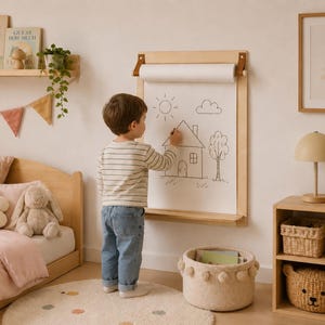 May include: A wall-mounted light wood paper roll holder with a white paper sheet featuring a hand-drawn house, sun, cloud, and tree. The holder includes brown leather straps and a small shelf at the bottom, designed for drawing and creative activities.