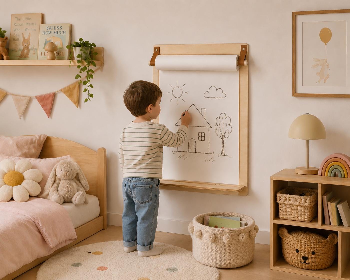 Wall Mounted Drawing Board for Kids with Paper Roll, Built In Pencil Tray & Art Shelf