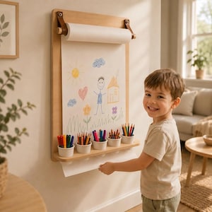 Può includere: Un dispenser di carta da parete in legno chiaro dotato di una mensola con cinque tazze bianche contenenti matite colorate e pastelli. La carta mostra un colorato disegno infantile di un sole, una casa, fiori e una figura stilizzata.