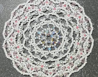 Handmade Beaded Kippah, Pale Pink and White Yarmulke