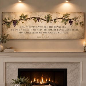 John 15:5 Panoramic Canvas, I Am the Vine You Are the Branches Wall Art, Long Horizontal Scripture Print, Farmhouse Christian Decor Gift