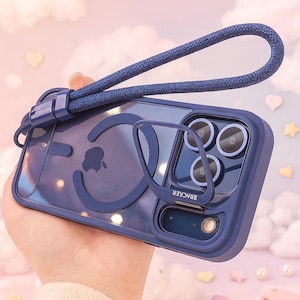 May include: A clear phone case with a blue bumper and a matching blue wrist strap. The case has a built-in stand and a camera protector. The word "BRACKEK" is printed on the case.