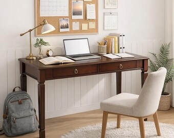 Solid Wood 46" French Provincial Corner Desk, Two Drawers, Large Vanity Dressing Table with Carved Legs, Easy Assembly for Home Office.