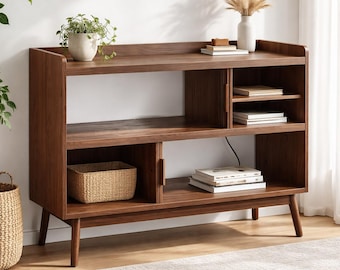 Mid-Century 44" Sideboard Buffet Cabinet, Fluted Design, Sliding Door, Adjustable Shelves, Coffee Bar Console Table with Wooden Legs