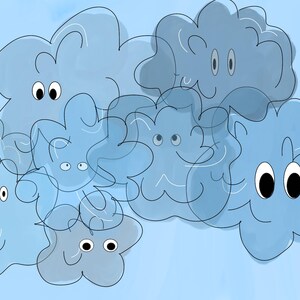 Puede incluir: Una ilustración caprichosa de varias nubes de dibujos animados con caras sonrientes y ojos grandes. Las nubes son de varios tonos de azul y están superpuestas sobre un fondo azul claro. La obra de arte tiene una estética juguetona y alegre.