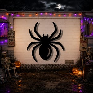 May include: A black spider silhouette wall decoration featuring eight curved legs and a rounded body. The spider is centered on a light-colored surface, displaying a solid matte black finish with a smooth, clean-cut outline design.