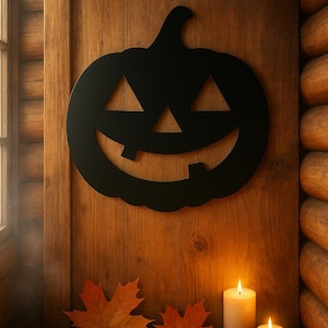 May include: A black, smiling jack-o'-lantern silhouette is mounted on a wooden wall. Two lit candles and several orange maple leaves are on the wooden surface. The scene evokes a cozy autumn or Halloween theme.